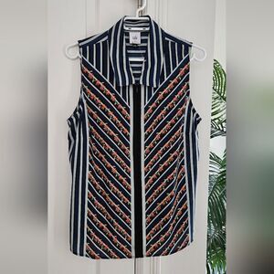 CAbi Navy and White Striped Floral Sleeveless Shirt